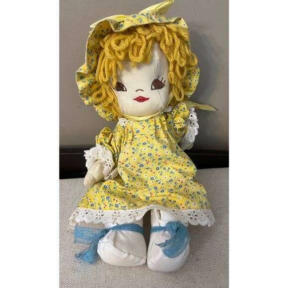 Handmade, rag doll yellow hair with yellow floral dress 12” tall - Picture 6 of 6